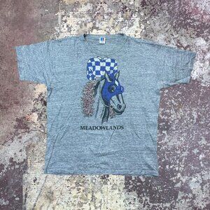90s Meadowlands Horse Racing Headless Jockey Double-Sided Vintage Grey T-Shirt